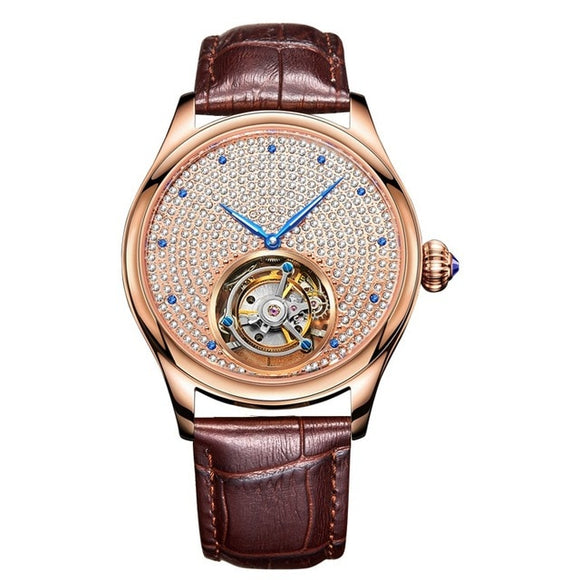 Geniune Tourbillon with Blue hands and man made Diamond Dial and Golden crown with sapphire stone. 42mm