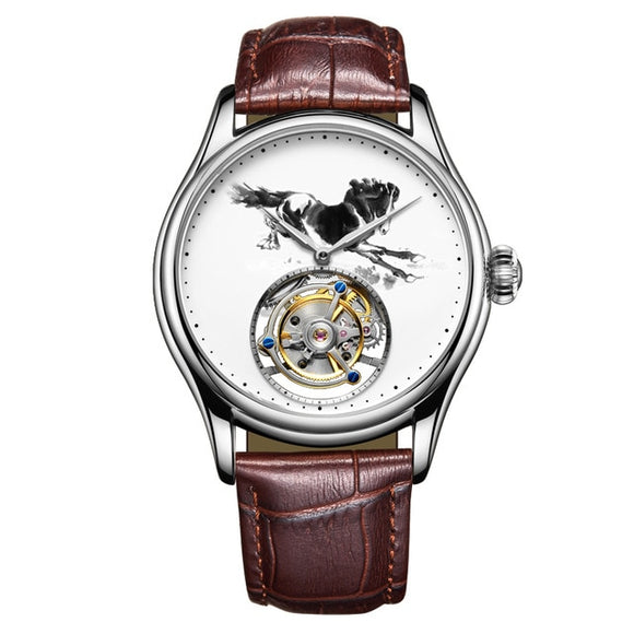 Guanqin Genuine Tourbillon Mechanical Watch with Galloping horse picture 42mm