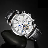 JARAGAR Full Calendar Tourbillon  style with black leather strap Men's Mechanical Watch