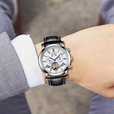 JARAGAR Full Calendar Tourbillon  style with black leather strap Men's Mechanical Watch