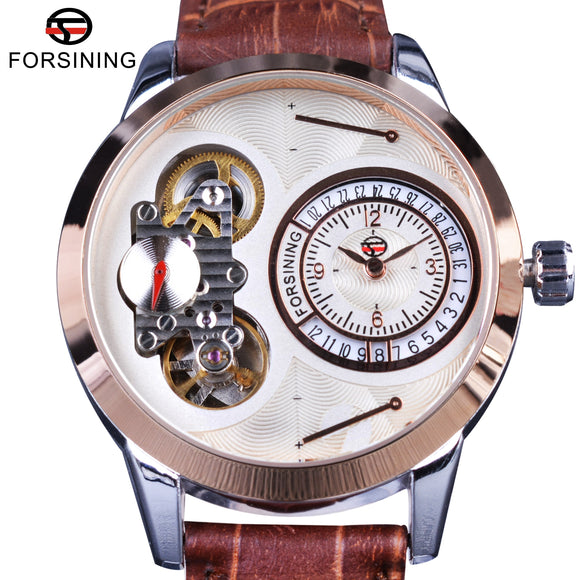 FORSINING Tourbillon style Rose Gold Case with Brown Genuine Leather Men's Watch