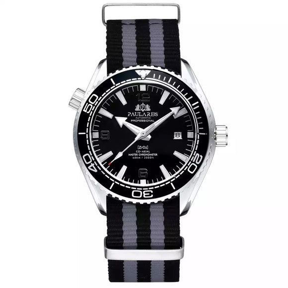 007 style watch with a distinct crown on the left and black sports bezel