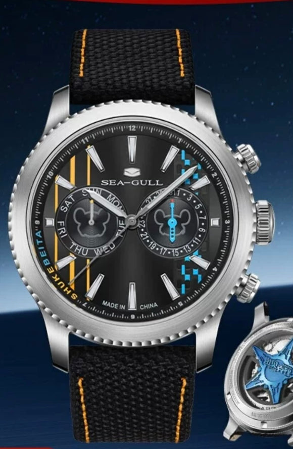 New SeaGull Pilot style watch with day date. Star shape back