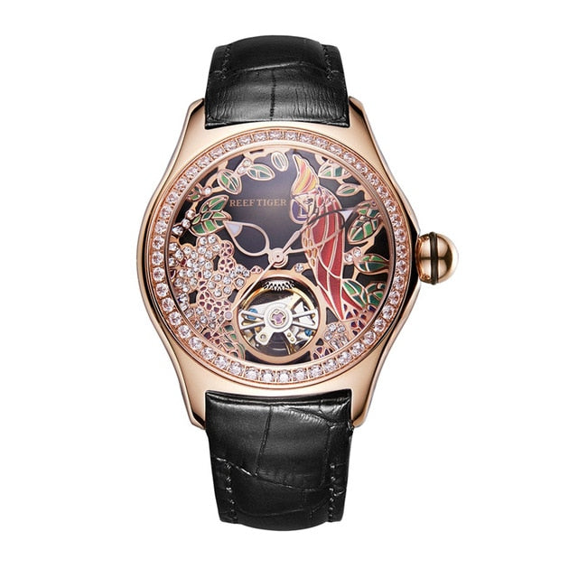 REEF TIGER Floral / Parrot Dial Tourbillon Style flywheel